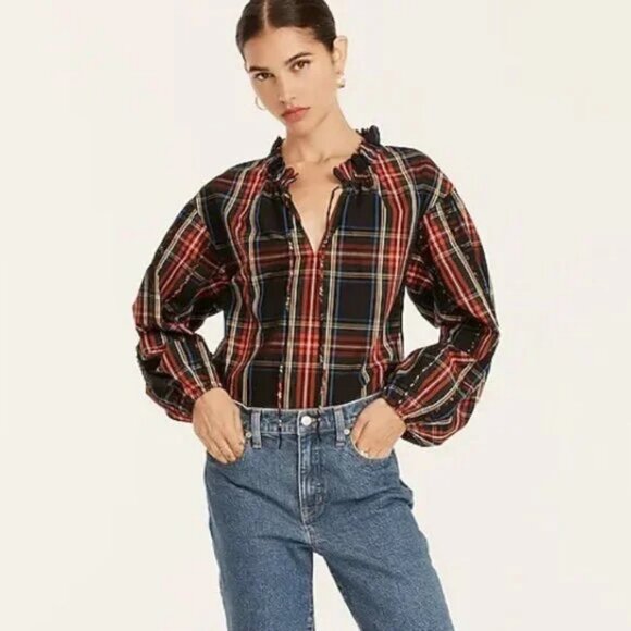 NWT J Crew Black Green Red Blue Tartan Plaid Flannel Christmas Blouse Top XS